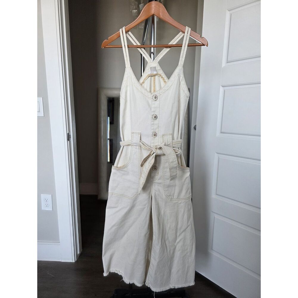 VENUS Cream Button-Front Wide Leg Jumpsuit with Tie Waist